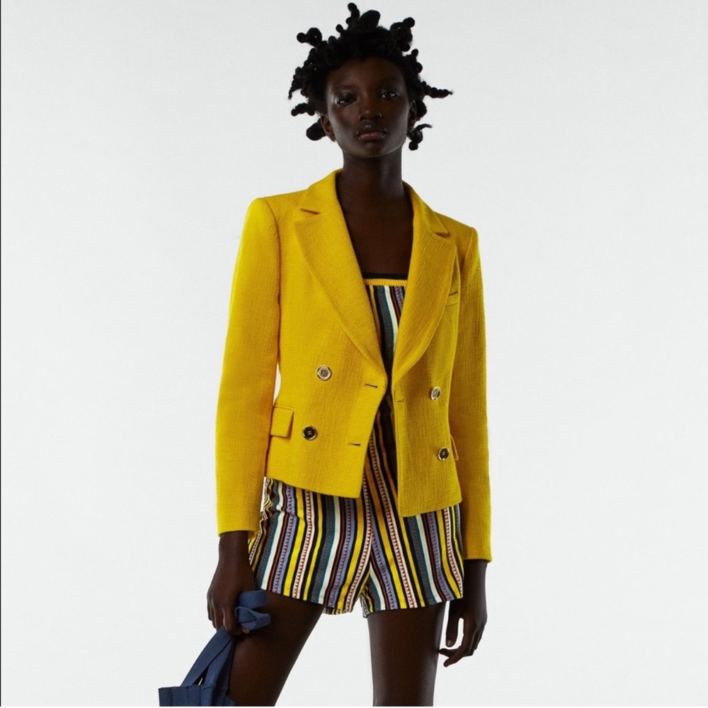 Zara Cropped Textured Yellow Blazer